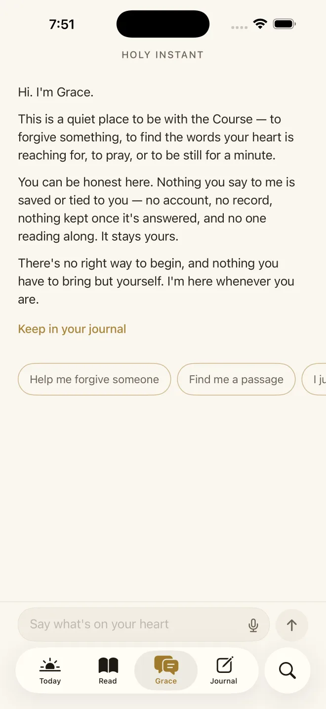 Grace in Holy Instant, with a private conversation, suggested ways to begin, and text and voice controls at the bottom of the screen.