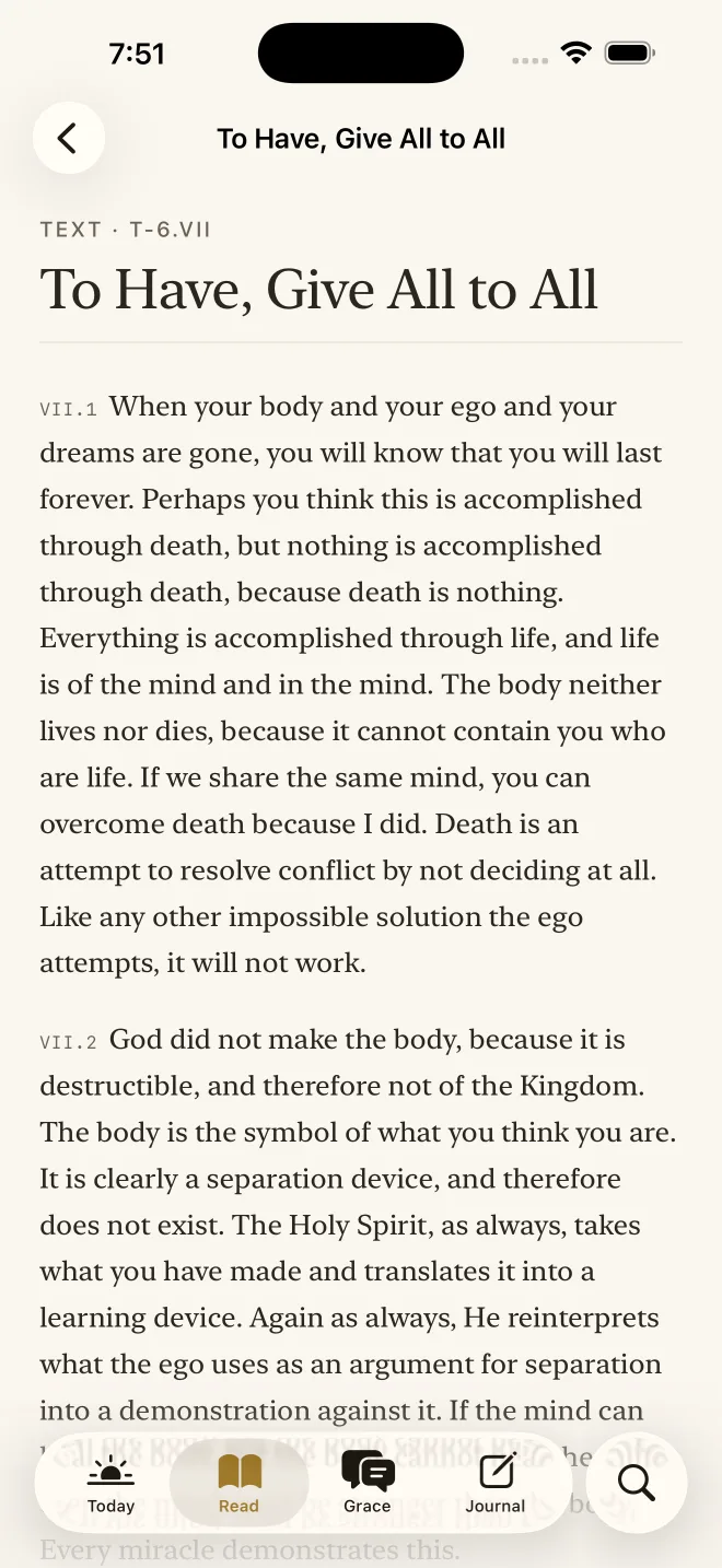 Holy Instant's reader open to a section of A Course in Miracles, with book typography, paragraph references, and the app's five-tab navigation.