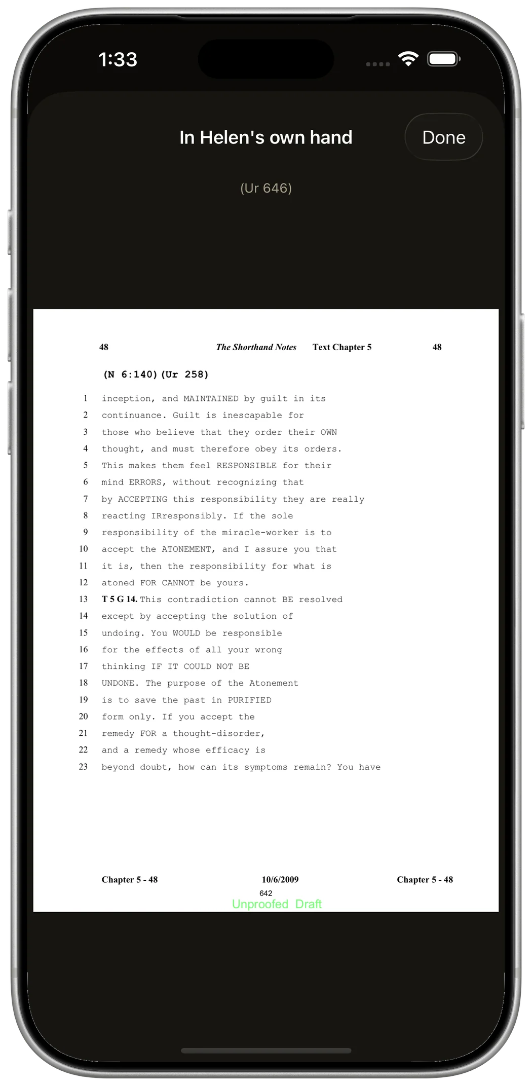 A sheet of the original notes lifted over the reader, titled 'In Helen's own hand' with a Done button and the reference (Ur 646). On the white page, a numbered transcription from the Shorthand Notes, Text Chapter 5, beginning mid-sentence: 'inception, and MAINTAINED by guilt in its continuance. Guilt is inescapable for those who believe that they order their OWN thought…'
