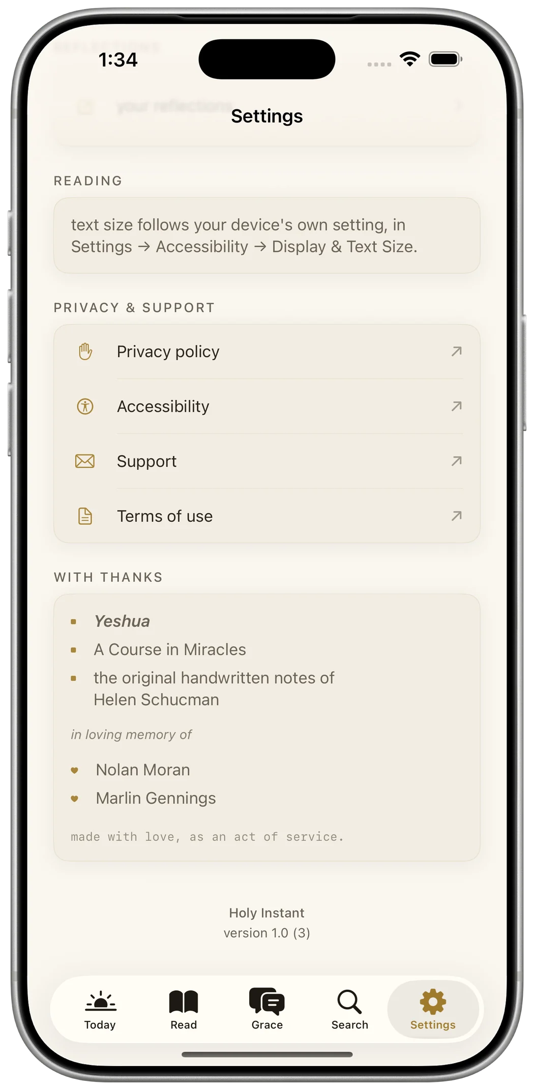 The Settings screen in its light, warm-paper mode. Under a heading reading 'With thanks', a short list: Yeshua, A Course in Miracles, and the original handwritten notes of Helen Schucman. Below it, in italics, 'in loving memory of' — Nolan Moran, Marlin Gennings — each beside a small gold heart. At the foot of the card, in a quiet monospace: 'made with love, as an act of service.'