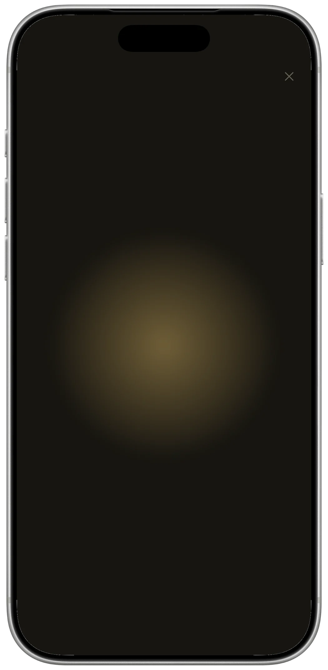 The stillness: a single round bloom of warm gold light, soft-edged, resting in the middle of an almost-black room. One small close mark in the top corner. Nothing else — no timer, no ring, no count.